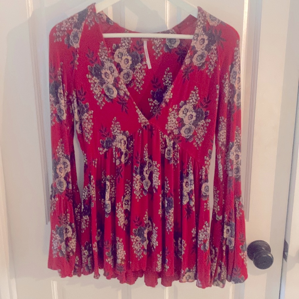 Free People Red Christmas Floral Babydoll Top Deep V Bell Sleeve